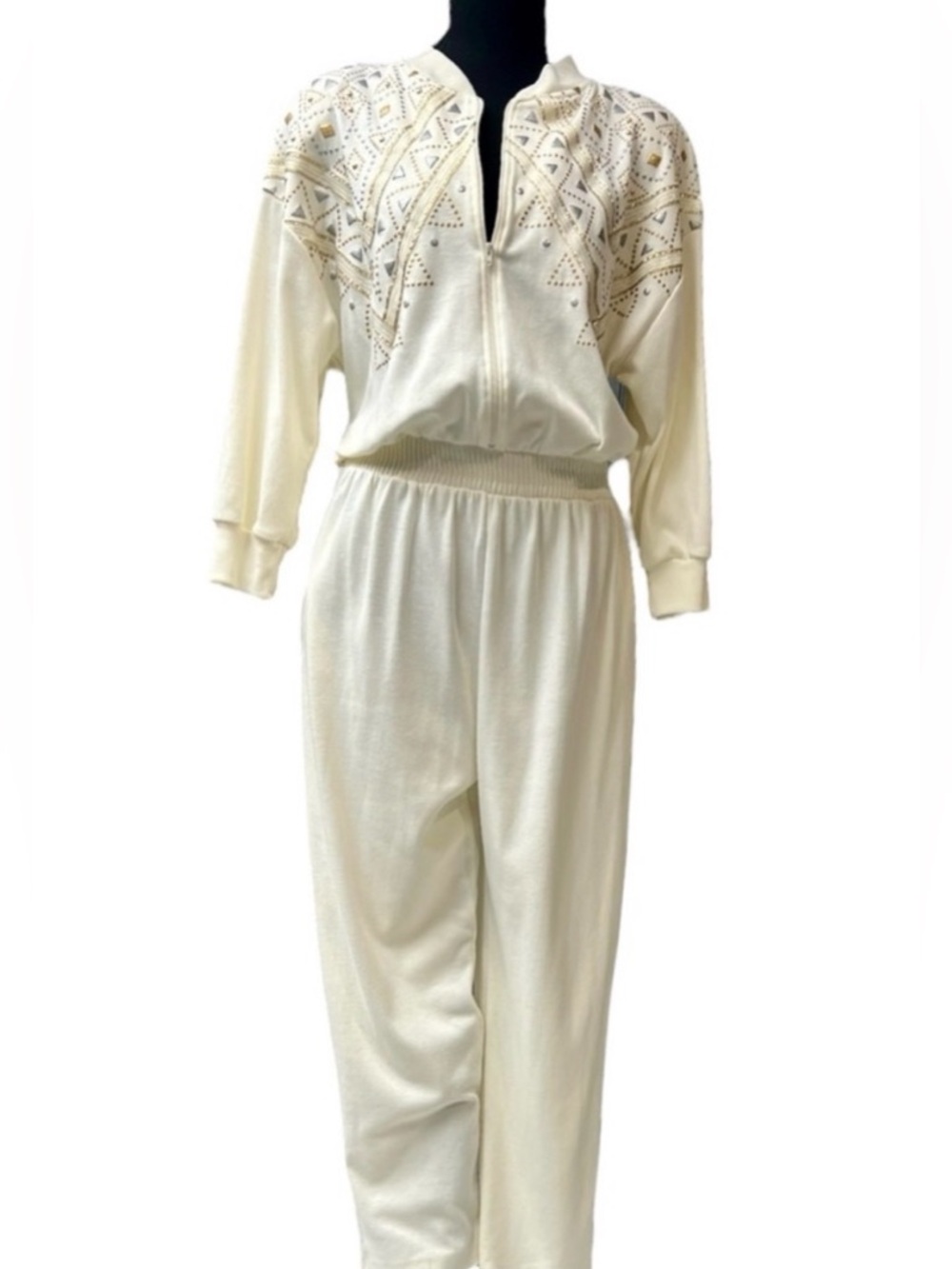 Vintage 80’s Cream Embellished Jumpsuit with Geometric Metallic Detailing